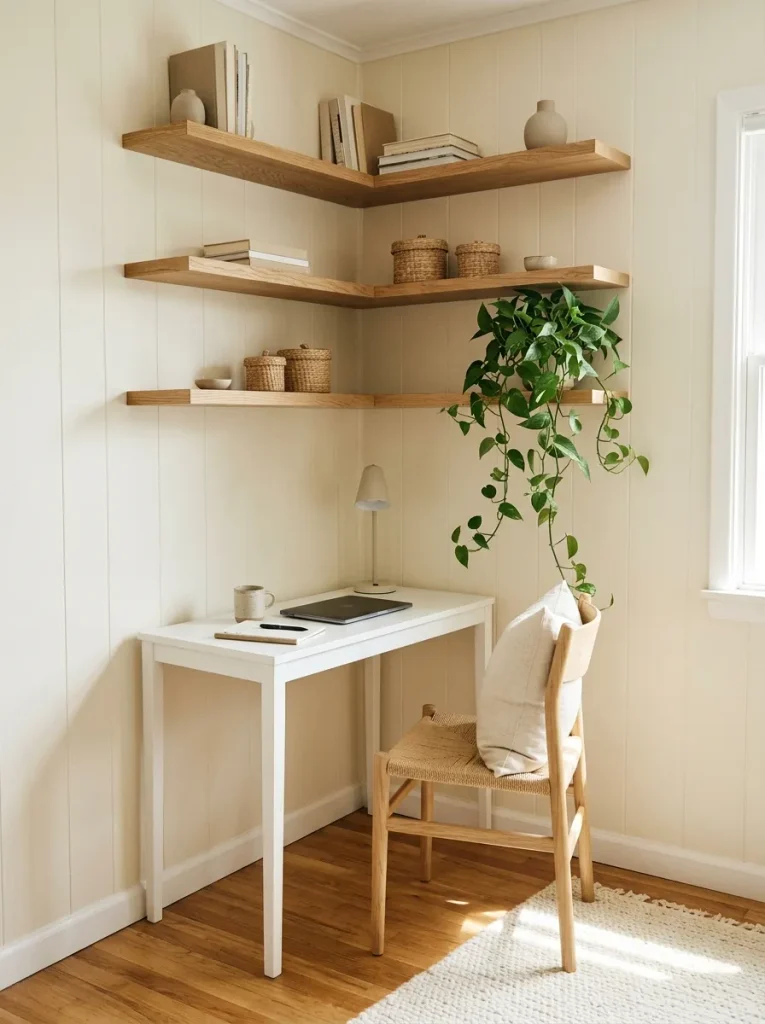 Small Home Office Ideas: 24 Compact Setups That Work 24 Floating Corner Shelves