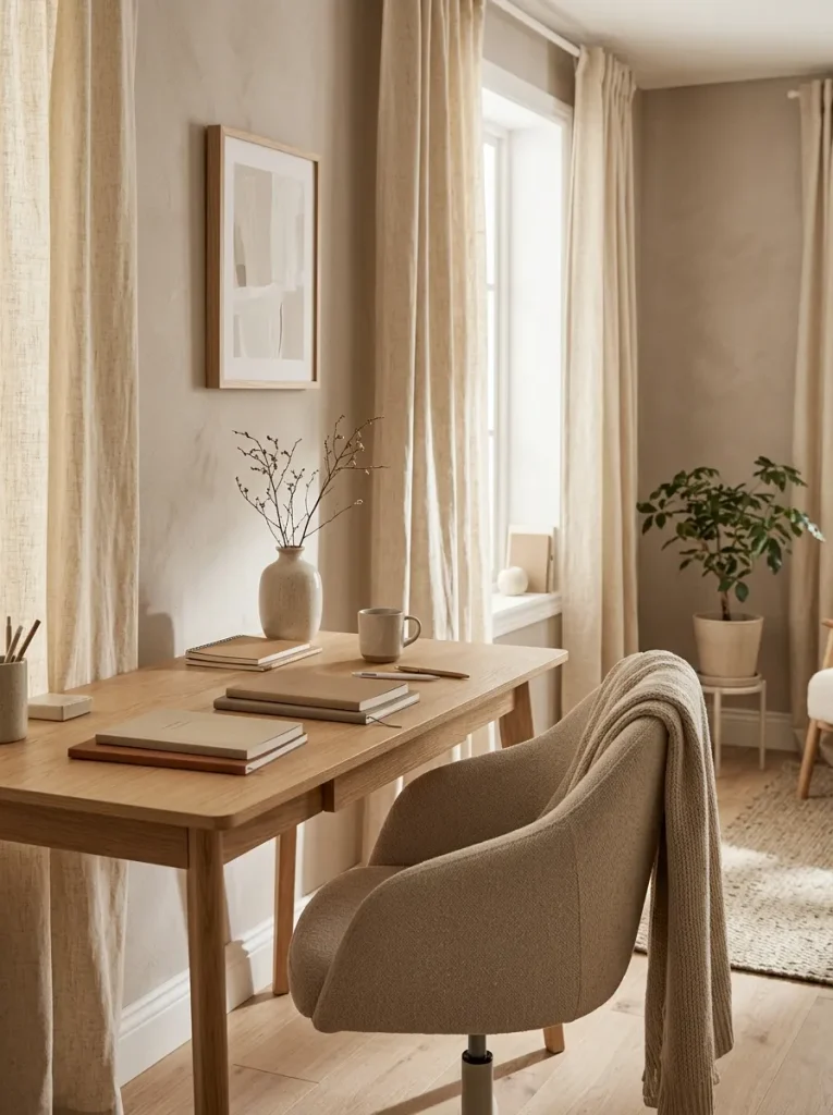 26 Motivating Home Office Decor Ideas to Boost Focus 2 Warm Neutral Workspace