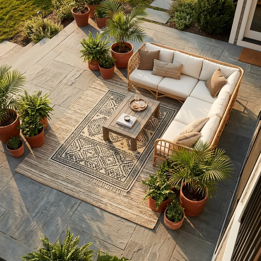 Outdoor Living Space Ideas: 30 Spots Made for Gathering 20 Layered Outdoor Rugs