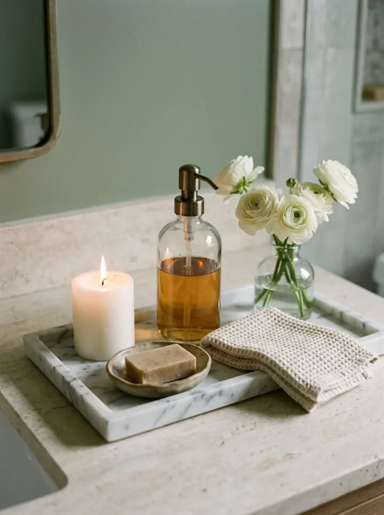 26 Timeless Bathroom Design Ideas Your Guests Will Envy 27 Candle and Tray Styling