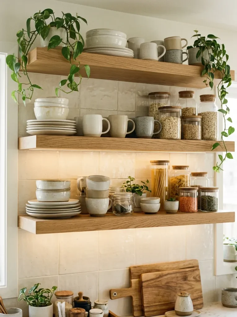 Kitchen Decor Ideas: 30 Warm Touches That Feel Homey 3 Open Wooden Shelves