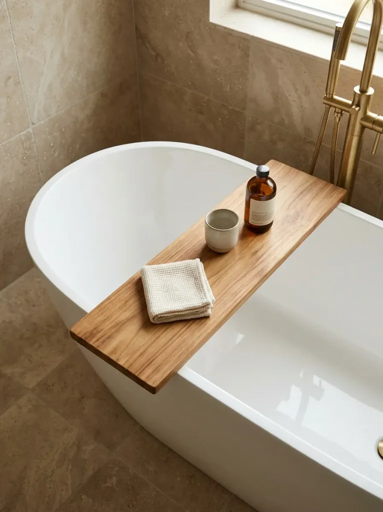 28 Bathroom Decor Ideas That Create a Spa-Worthy Escape 22 Wooden Bath Tray