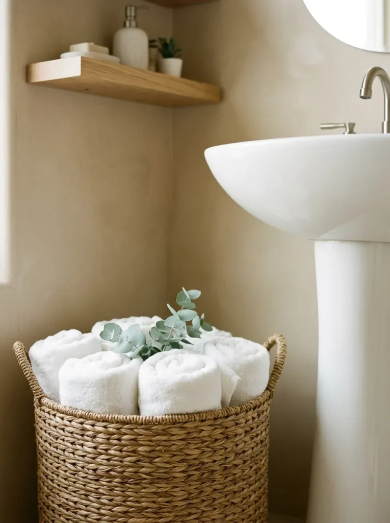 27 Guest Bathroom Ideas That Leave Visitors Pampered 2 Rolled Towel Basket