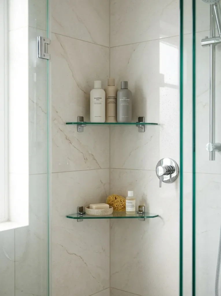 28 Bathroom Decor Ideas That Create a Spa-Worthy Escape 13 Glass Shower Shelving