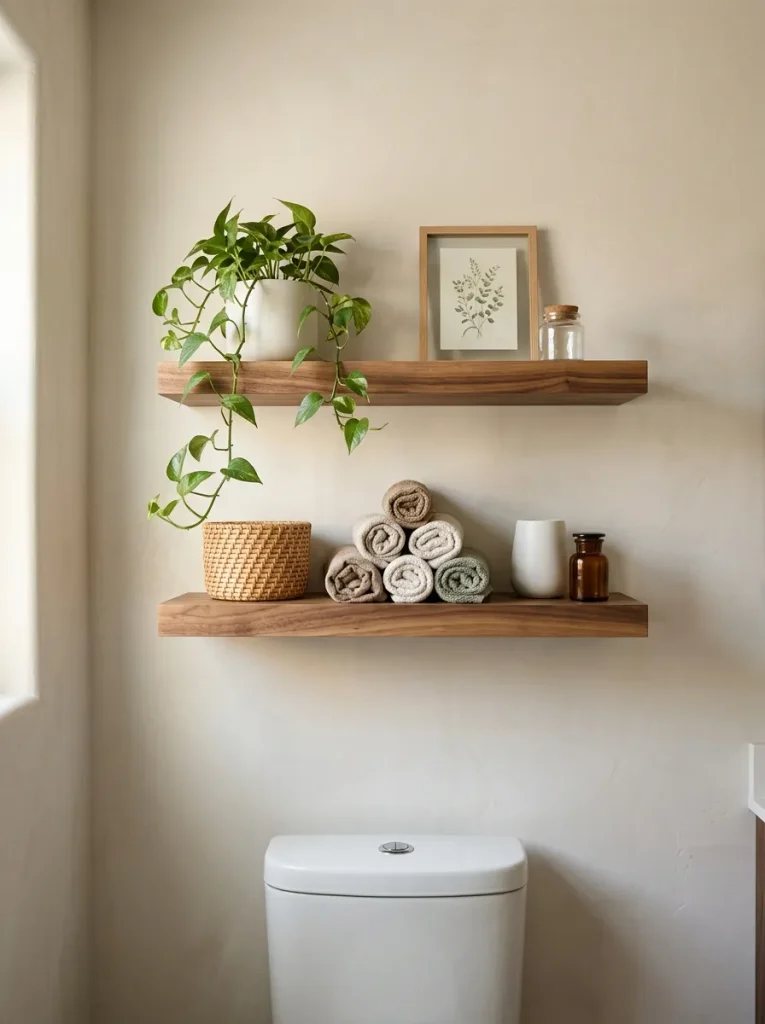26 Timeless Bathroom Design Ideas Your Guests Will Envy 11 Warm Wood Shelving
